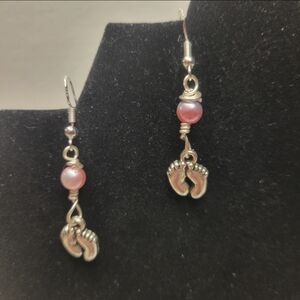 Hand Crafted Silver, Blue, and Pink Gradient Pearl with Baby Feet Earrings